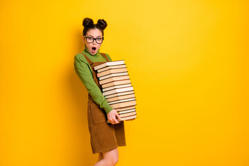 Portrait of her she nice attractive overwhelmed intelligent girl carrying big large pile book...