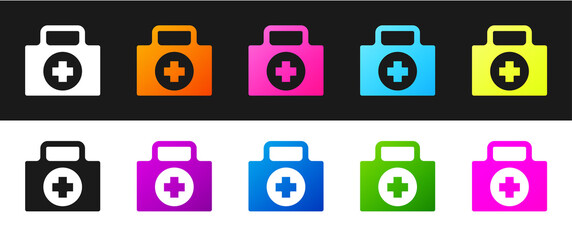 Set First aid kit icon isolated on black and white background. Medical box with cross. Medical equipment for emergency. Healthcare concept. Vector Illustration.