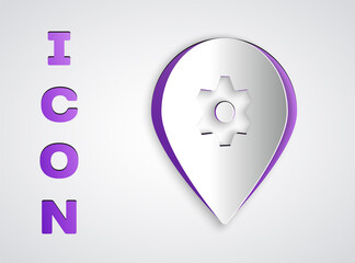 Paper cut Location with car service icon isolated on grey background. Auto mechanic service. Repair service auto mechanic. Paper art style. Vector Illustration.