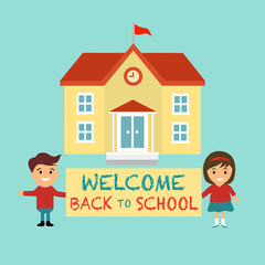 Welcome back to school concept vector illustration. Boy and girl students standing in front of school building. 