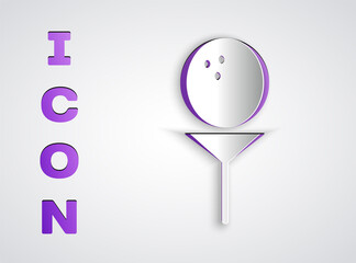 Paper cut Golf ball on tee icon isolated on grey background. Paper art style. Vector Illustration.
