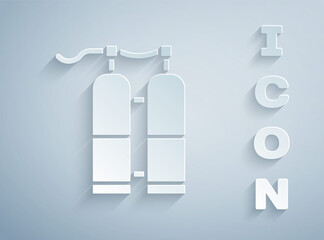 Paper cut Aqualung icon isolated on grey background. Oxygen tank for diver. Diving equipment. Extreme sport. Sport equipment. Paper art style. Vector Illustration.