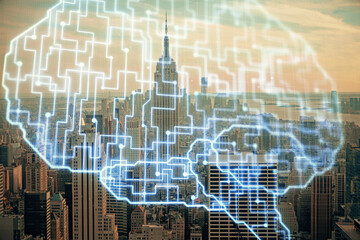 Brain hologram drawing on cityscape background multi exposure. Ai in modern city concept.