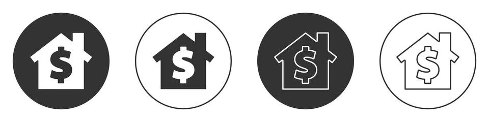 Black House with dollar symbol icon isolated on white background. Home and money. Real estate concept. Circle button. Vector Illustration.