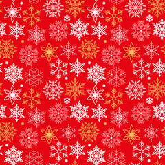 Naklejka na ściany i meble Red seamless pattern with Christmas symbols of snowflake. Xmas vector background. White and gold.