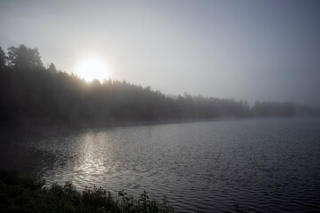 Fototapeta premium a foggy lake scenery, Imatra Finland