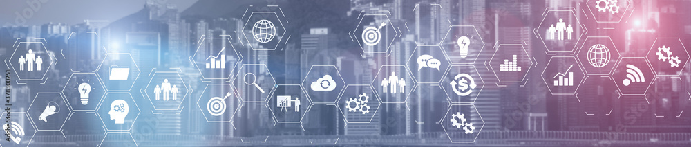 Poster erp enterprise resource planning system on virtual screen with connections between business intellig