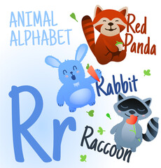 Animal alphabet in vector. R letter. Very cute cartoon animals Raccoon, Rabbit, Red Panda.