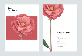 Floral wedding invitation card template design, red Semi-double Camellia flowers with leaves on white - 378300238