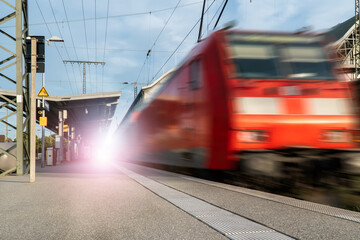Obraz premium Abstract background travel of public transportation with blur speed motion movement of train on railway tunnel subway.