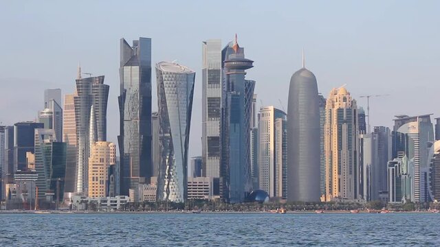 Colorful Skyline of Doha Qatar City during night during winter season.