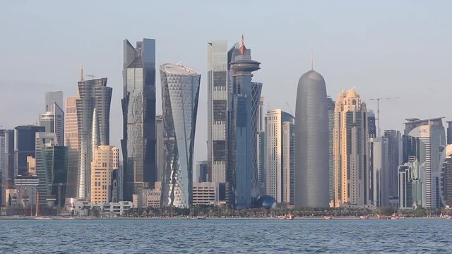 Colorful Skyline of Doha Qatar City during night during winter season.