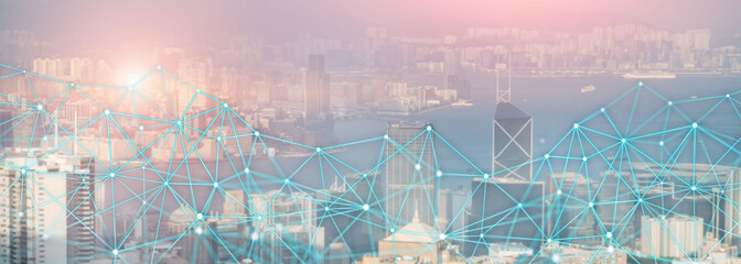 Modern City skyline Digital Wireless network internet technology. Communication concept.