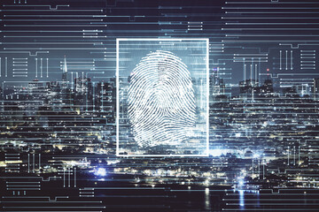 Double exposure of finger print hologram and cityscape background. Concept of personal security.