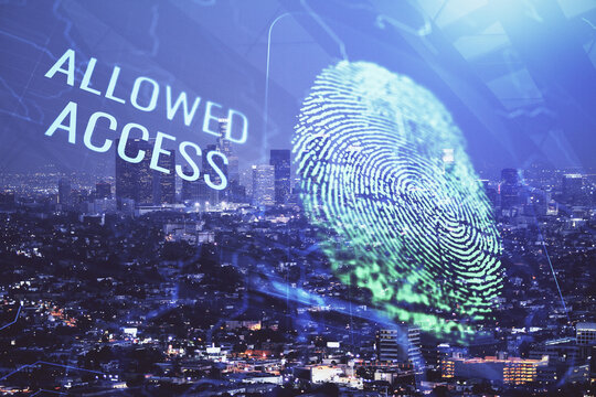 Double exposure of finger print hologram and cityscape background. Concept of personal security.