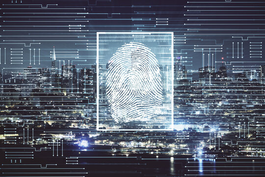 Double exposure of finger print hologram and cityscape background. Concept of personal security.