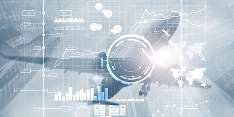 Display interface intelligence dashboard and charts. Financial key performance indicators.