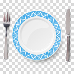 Empty vector blue plate with white geometric line pattern and knife and fork isolated on transparent background. View from above.