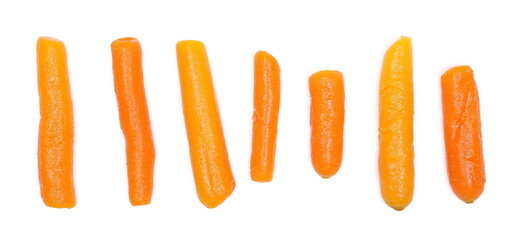 Cooked baby carrots set and collection isolated on white background, top view