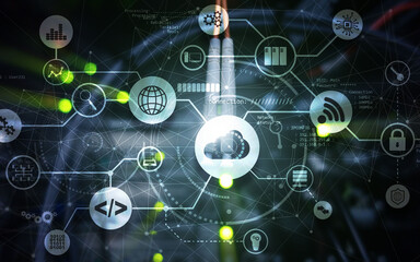 Fototapeta premium Connection Network Project 2020. Mixed Media Graphics on Virtual Screen Data Center. Cloud Computing.