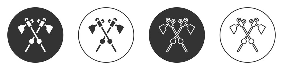 Black Crossed medieval axes icon isolated on white background. Battle axe, executioner axe. Medieval weapon. Circle button. Vector.