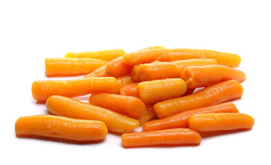 Cooked baby carrots isolated on white background