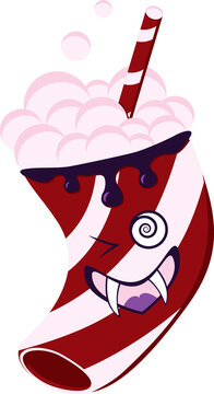 Bubbled pop in a striped plastic cup with a red&white straw. Flat vector illustration of Crazy Halloween drink.