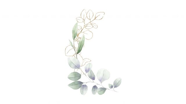 wreath of foliage eucalyptus herbal watercolor frame with gold line art white matte alpha channel