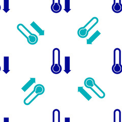 Blue Meteorology thermometer measuring icon isolated seamless pattern on white background. Thermometer equipment showing hot or cold weather. Vector.