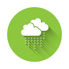 White Cloud with rain icon isolated with long shadow. Rain cloud precipitation with rain drops. Green circle button. Vector.