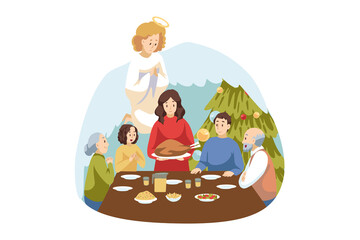 Christianity, religion, New Year, celebration, prayer, holiday, worship, support concept. Angel biblical religious character watches at young family father son daughter mother on Christmas eve praying