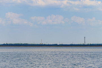 Solar power station on a bank of lake. Renewable energy