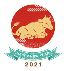 2021　丑年　年賀状素材 - 日の出の上で横たわる牛