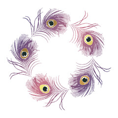 Fototapeta premium Peacock feathers violet and golden wreath. Isolated on white background. Vector illustration.