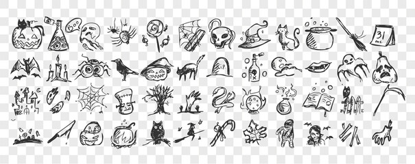 Halloween doodle set. Collection of hand drawn pencil sketches templates patterns of bats pumpkins zombies owls ghots creatures on transparent background. Illustration of all saints day symbols.
