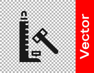 Black High striker attraction with big hammer icon isolated on transparent background. Attraction for measuring strength. Amusement park. Vector.