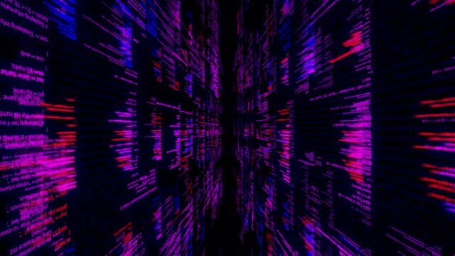 Programming code flowing on black background with 3D effect, seamless loop. Animation. Abstract technological pattern, concept of software development and computer script.