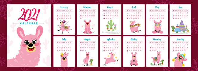 Calendar 2021. Vector basic grid with pink llamas. Cartoon alpaca in hand drawn style isolated on white background. Minimalistic calendar for the year for print with kids illustrations.