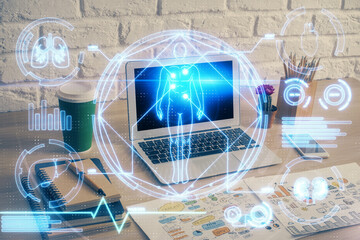 Desktop computer background and education theme drawing. Double exposure. Study concept.