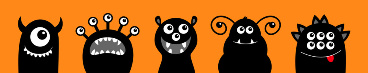 Monster icon set line. Happy Halloween. Cute cartoon kawaii baby character. Funny face head black silhouette. Eyes teeth fang tongue. Flat design. Orange background.