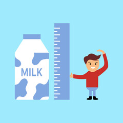 Boy drink milk for health and taller. He measuring his height. Healthcare lifestyle.