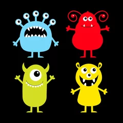 Fotobehang Happy Halloween. Monster icon set. Cute cartoon kawaii baby character. Funny face head colorful silhouette. Eyes teeth fang tongue, holding hands up down. Flat design. Black background. © worldofvector