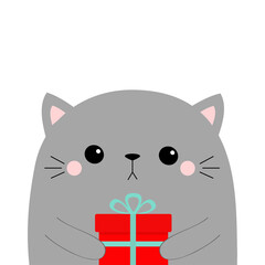 Cute cat holding gift box. Kawaii animal. Gray silhouette. Scandinavian style. Cute cartoon kitten character. Funny baby sad kitty. Happy Valentines Day. Love card. Flat design. White background.