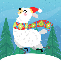 Vector llama in Christmas red hat. Alpaca greeting card in hand drawn style. Concept for invitation, poster, print, banner. Merry Christmas and happy new year. © Marina.Ka