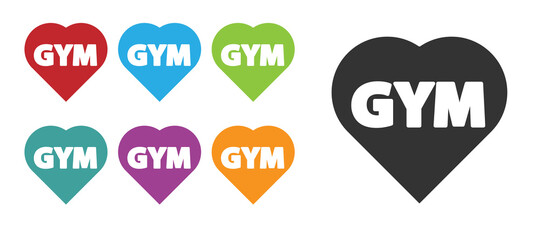 Black Fitness gym heart icon isolated on white background. I love fitness. Set icons colorful. Vector.
