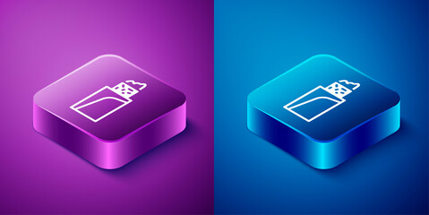 Isometric Burrito icon isolated on blue and purple background. Traditional mexican fast food. Square button. Vector.