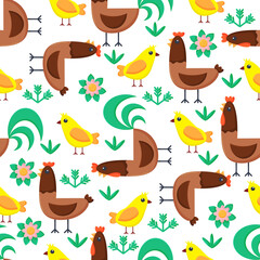 Seamless pattern chicken rooster chicks. Vector illustration