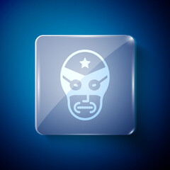 White Mexican wrestler icon isolated on blue background. Square glass panels. Vector.