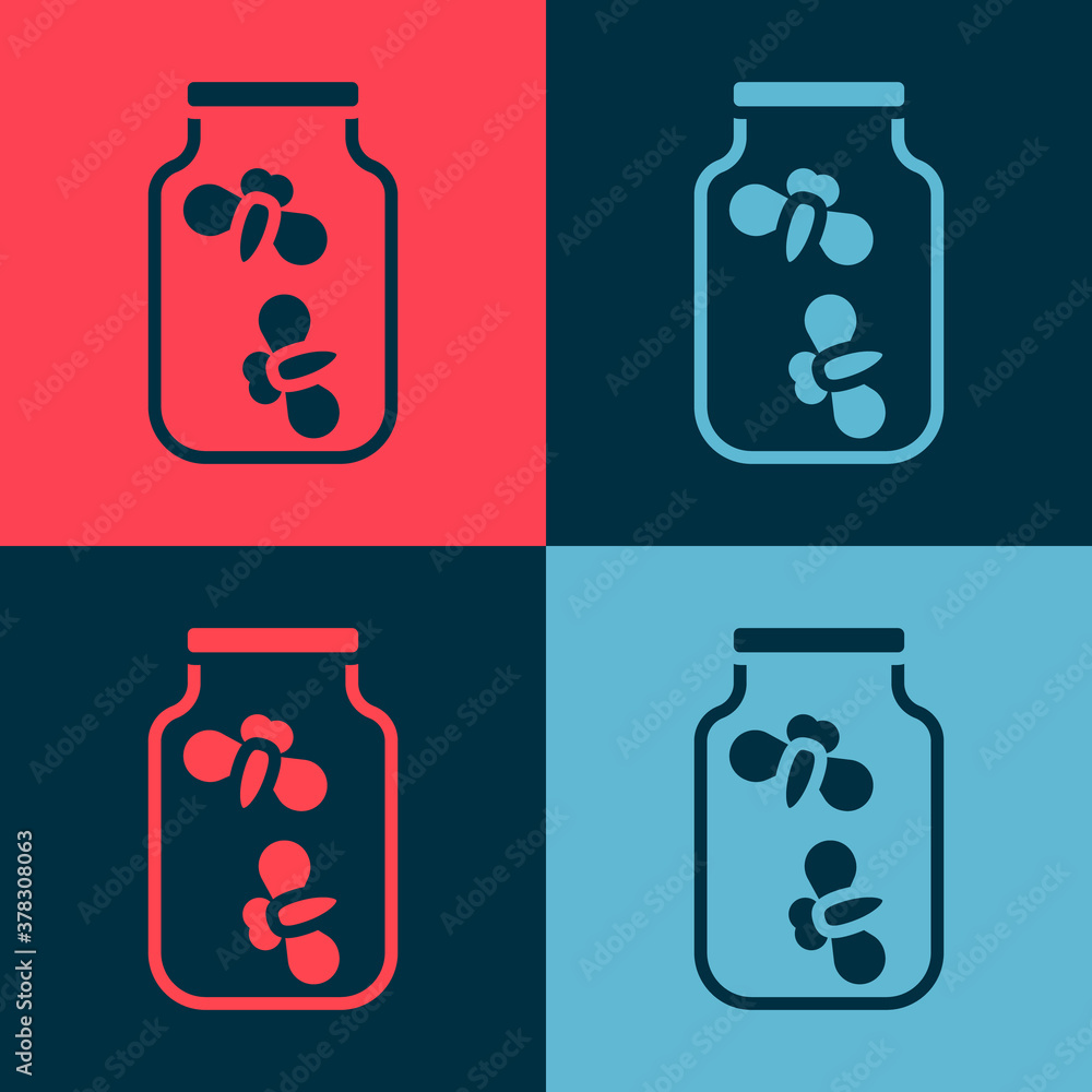 Aufkleber pop art fireflies bugs in a jar icon isolated on color background. vector.