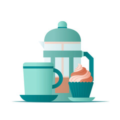 Flat illustration french press and cup of coffee with cap cake on white background for concept design. Vector